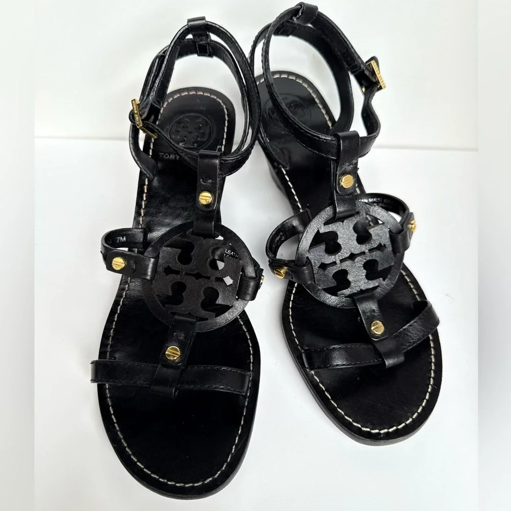 Tory Burch Black Leather Miller Logo Wedge Ankle Strap Sandals Size‎ 7M